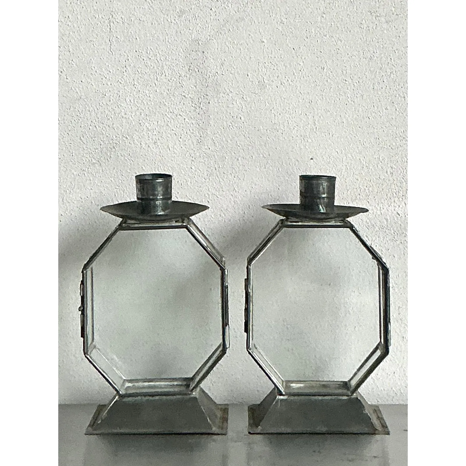 Vintage Boho Octagon Glass Case Candlesticks - A Pair — additional photo 6