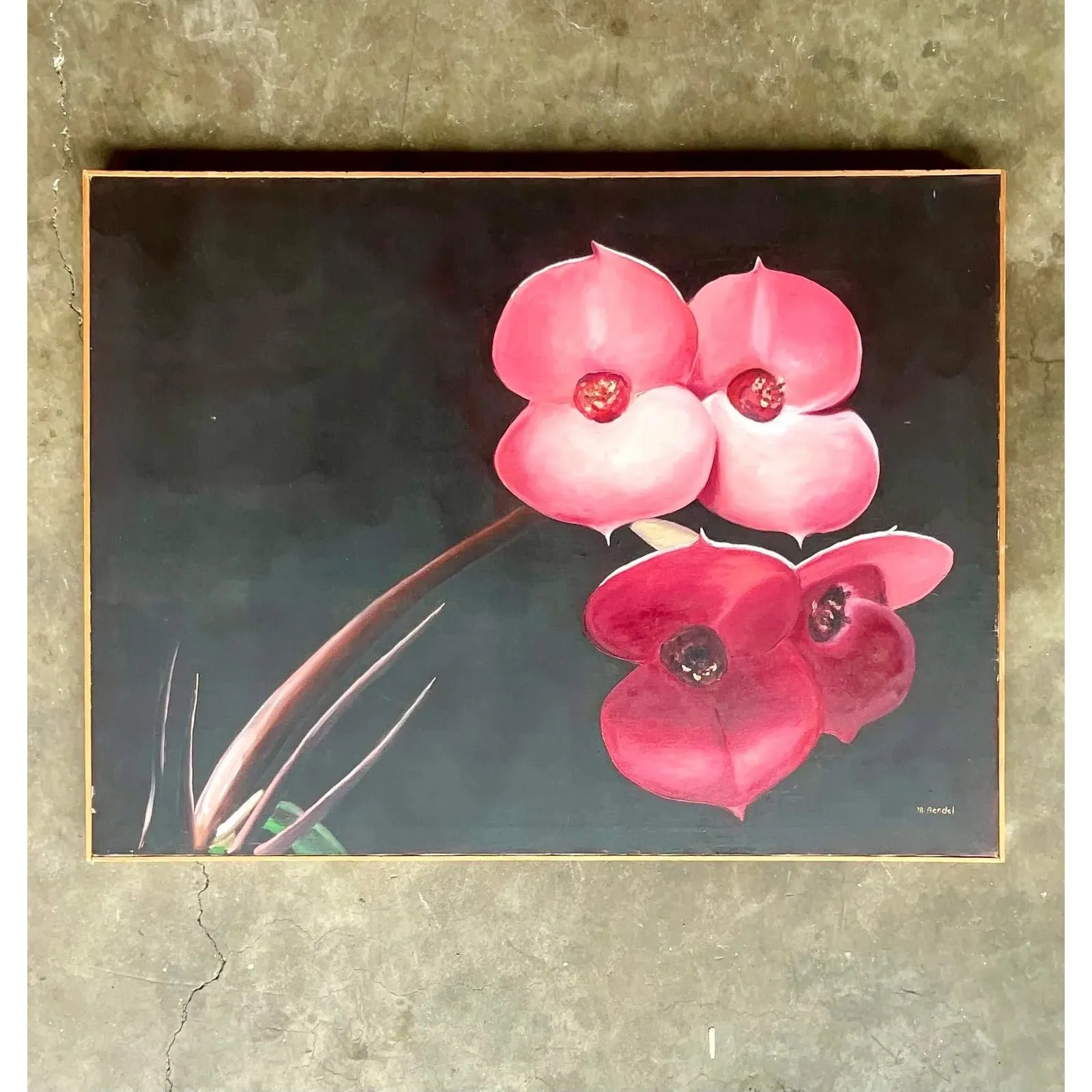 Vintage Boho Op Signed Original Oil Painting of Orchid Blooms — additional photo 2