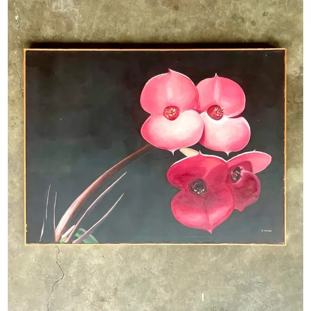 Vintage Boho Op Signed Original Oil Painting of Orchid Blooms — additional photo 2