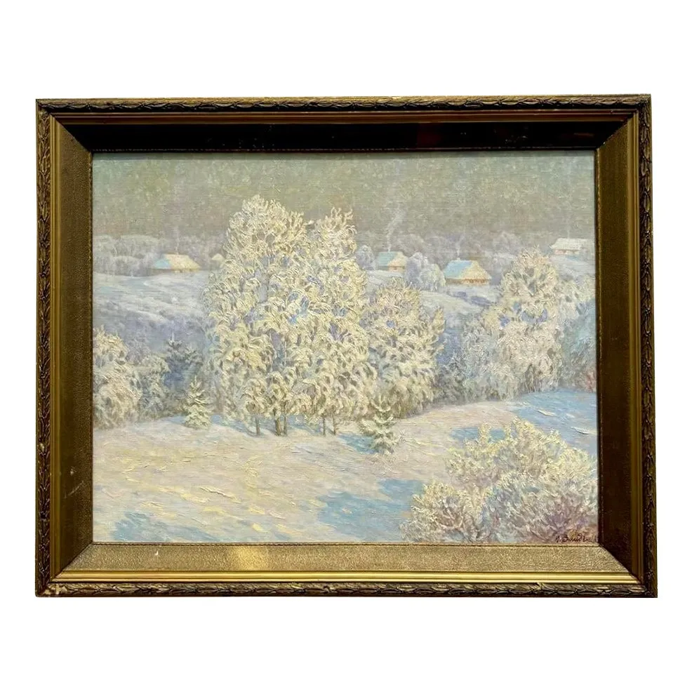 Vintage Boho Original 1983 Winter Landscape Oil on Canvas — additional photo 1