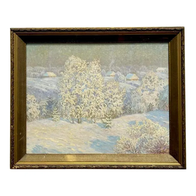 Vintage Boho Original 1983 Winter Landscape Oil on Canvas — additional photo 1