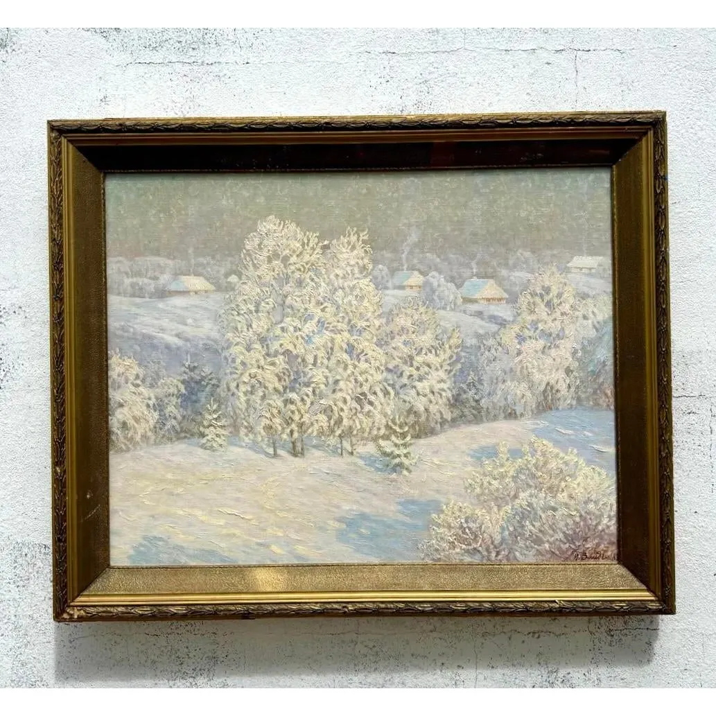 Vintage Boho Original 1983 Winter Landscape Oil on Canvas — additional photo 2