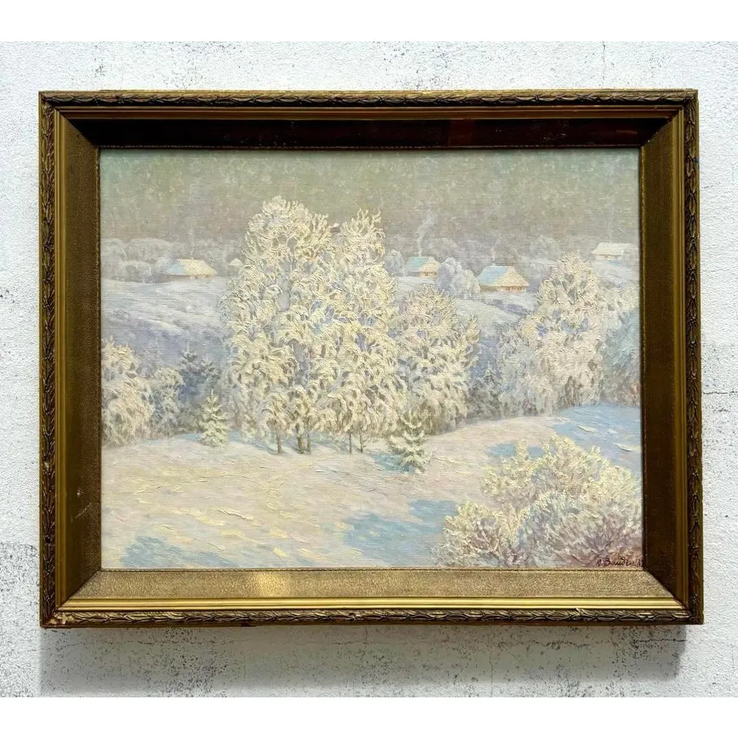 Vintage Boho Original 1983 Winter Landscape Oil on Canvas — additional photo 3