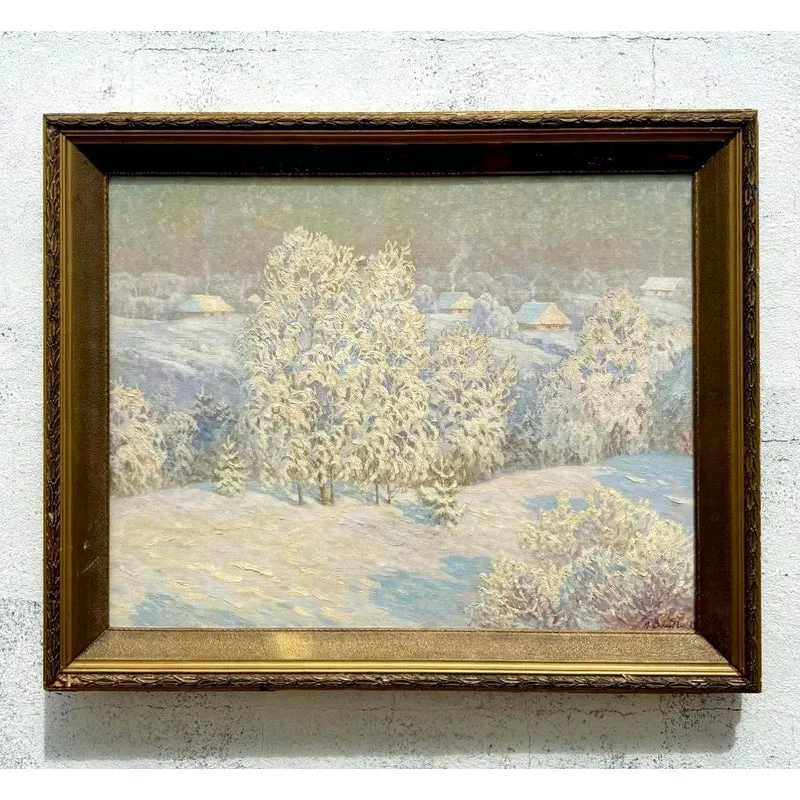 Vintage Boho Original 1983 Winter Landscape Oil on Canvas — additional photo 4