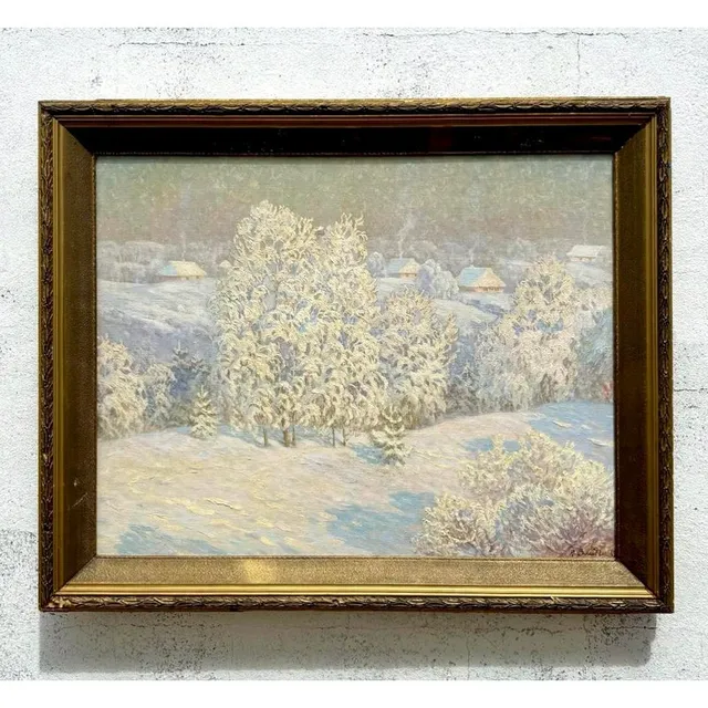 Vintage Boho Original 1983 Winter Landscape Oil on Canvas — additional photo 4