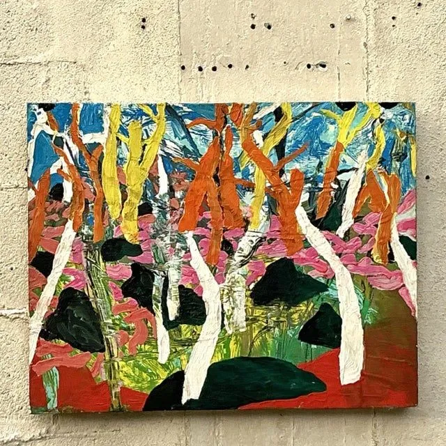 Vintage Boho Original Abstract Forest Oil Painting on Board — additional photo 2