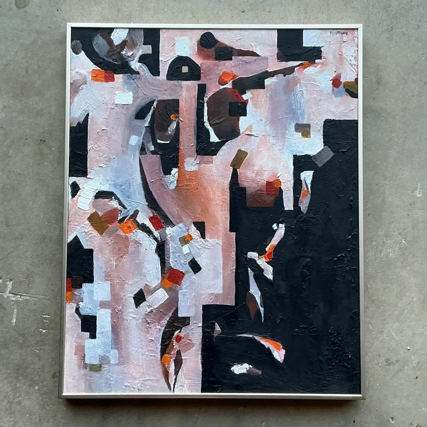 Vintage Boho Original Abstract Geometric Oil Painting on Board — additional photo 2