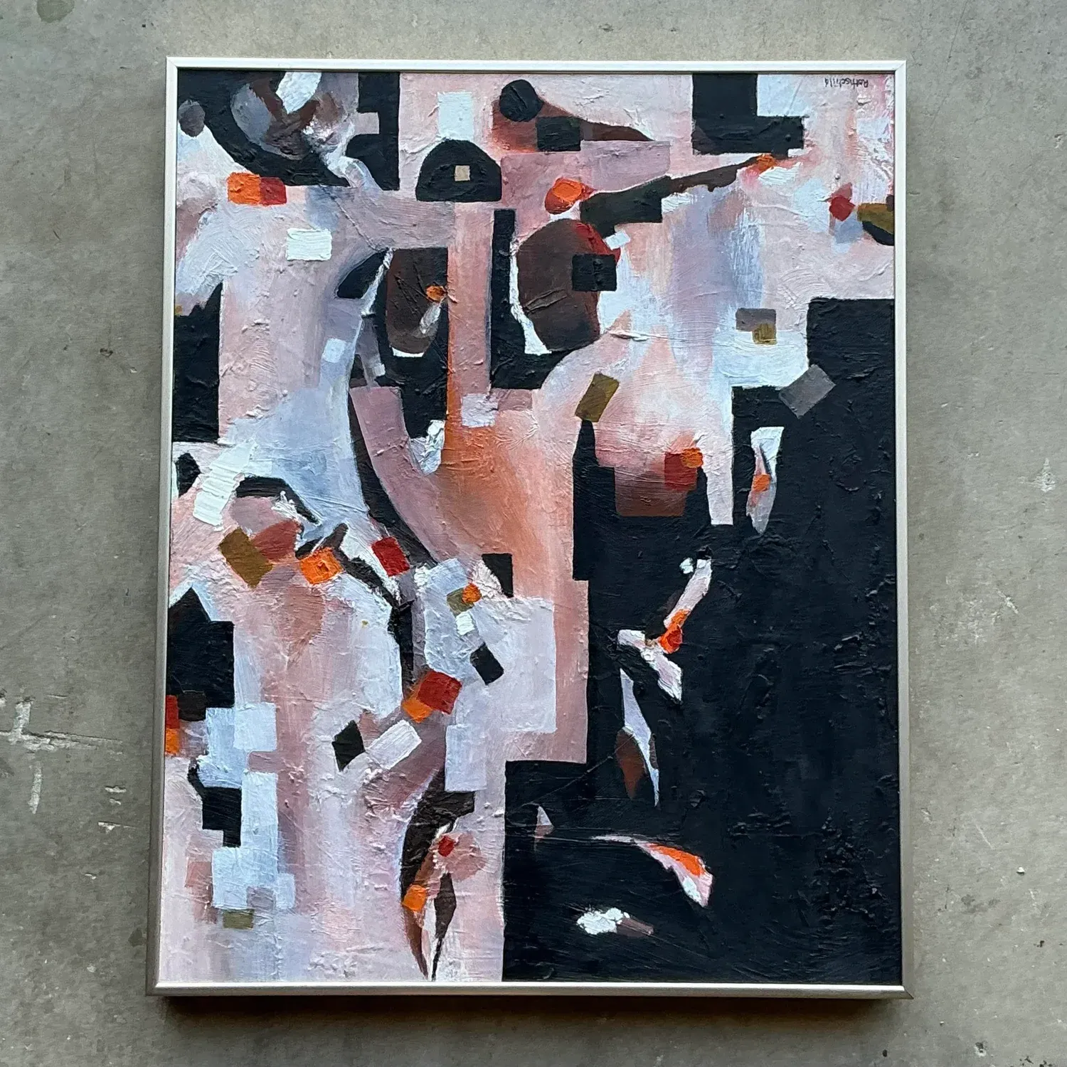 Vintage Boho Original Abstract Geometric Oil Painting on Board — additional photo 4