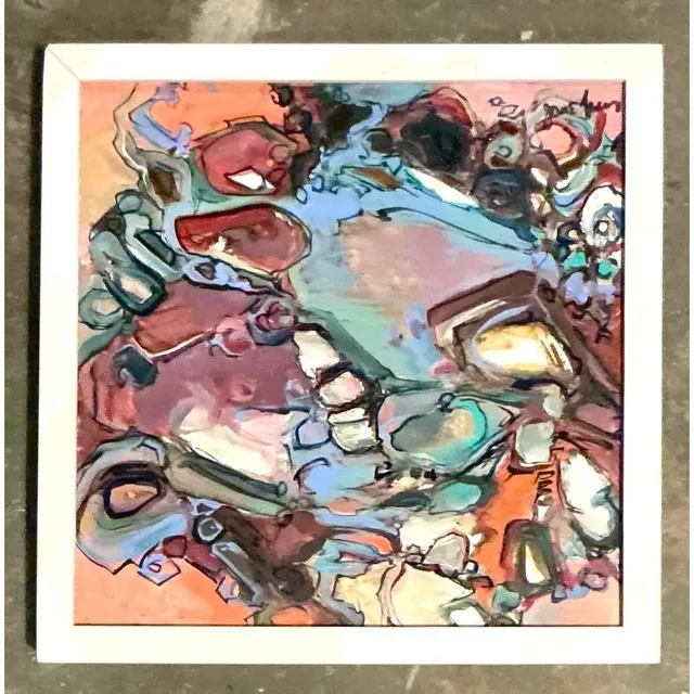 Vintage Boho Original Abstract Oil on Canvas - Wood, 13.25W x 13.25H — additional photo 1
