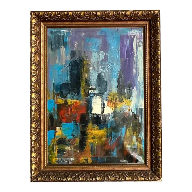Vintage Boho Original Abstract Oil on Canvas - Wood, 28.75W x 34.5H — additional photo 1