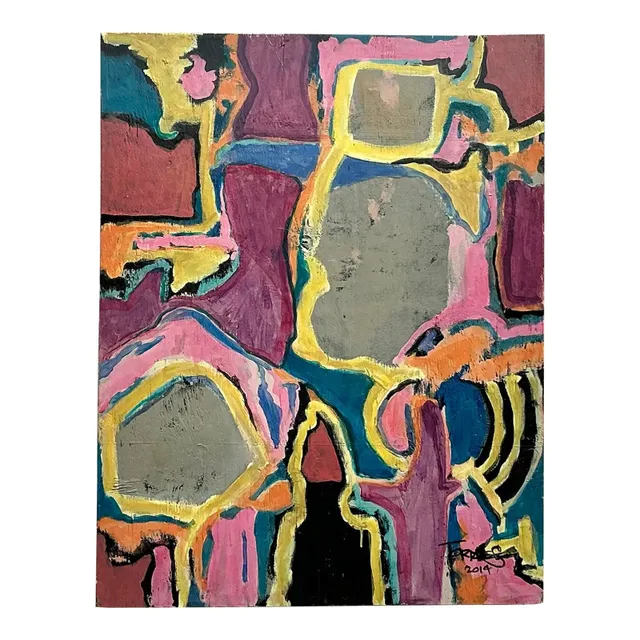 Vintage Boho Original Abstract Oil Painting on Board - Wood, 28W x 36H — additional photo 1