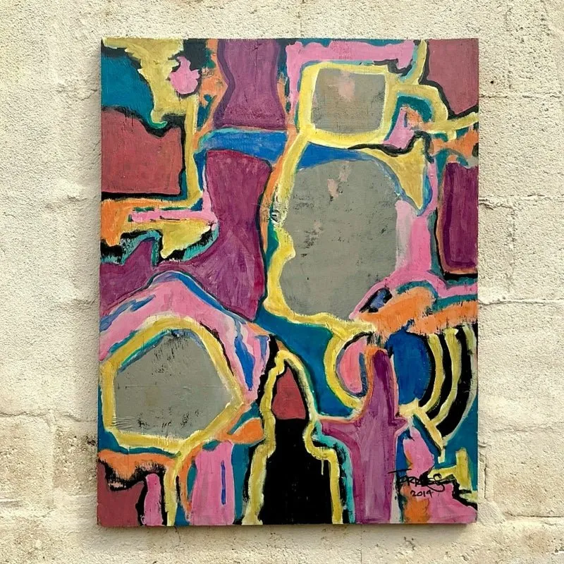 Vintage Boho Original Abstract Oil Painting on Board - Wood, 28W x 36H — additional photo 3