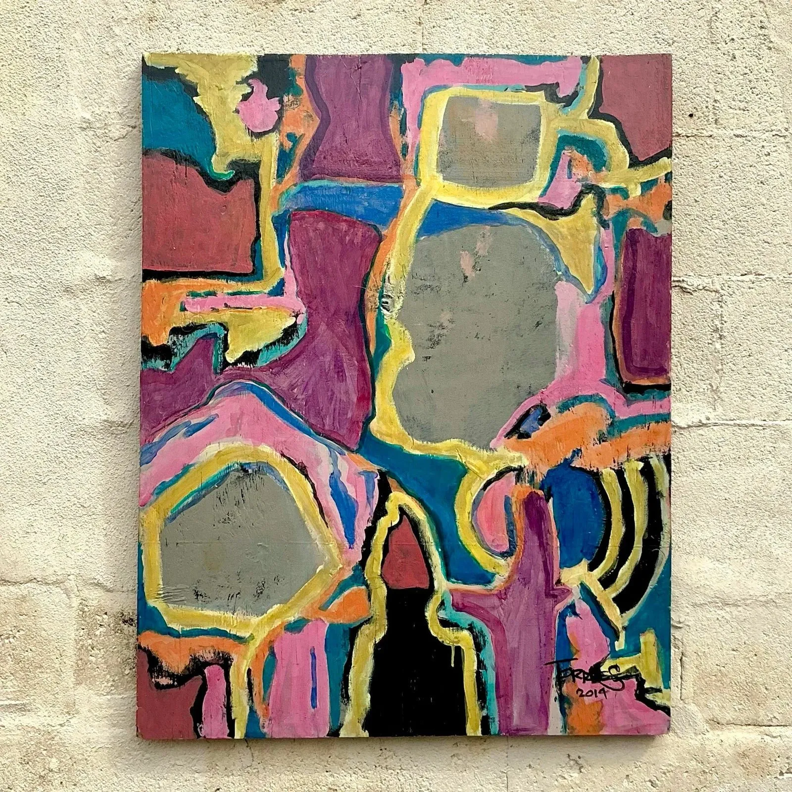 Vintage Boho Original Abstract Oil Painting on Board - Wood, 28W x 36H — additional photo 6