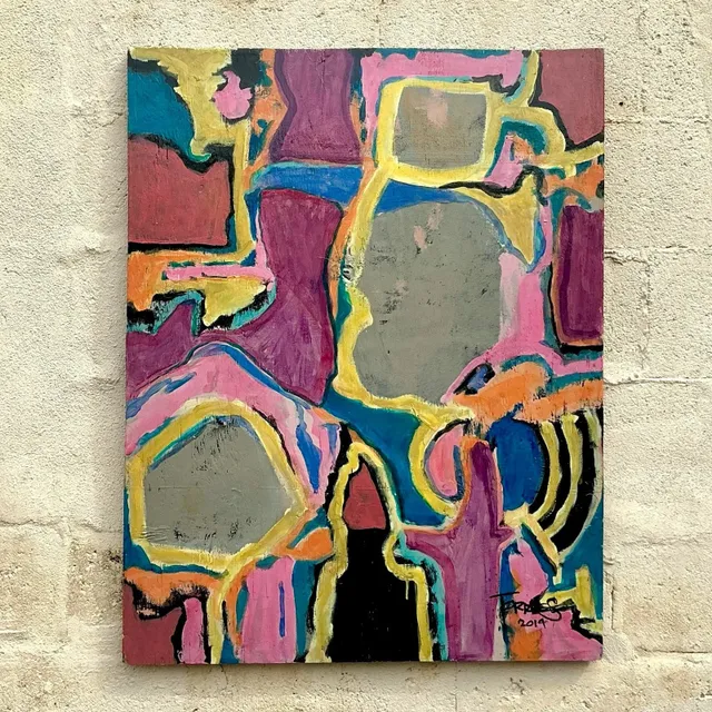 Vintage Boho Original Abstract Oil Painting on Board - Wood, 28W x 36H — additional photo 6