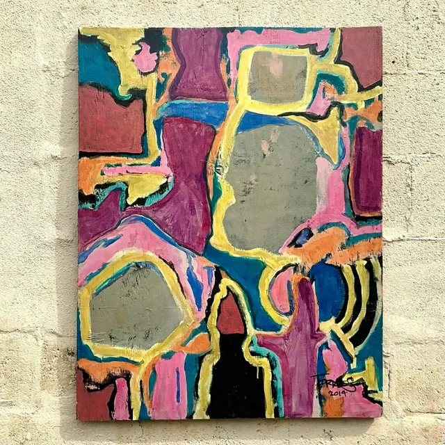 Vintage Boho Original Abstract Oil Painting on Board - Wood, 28W x 36H — additional photo 7