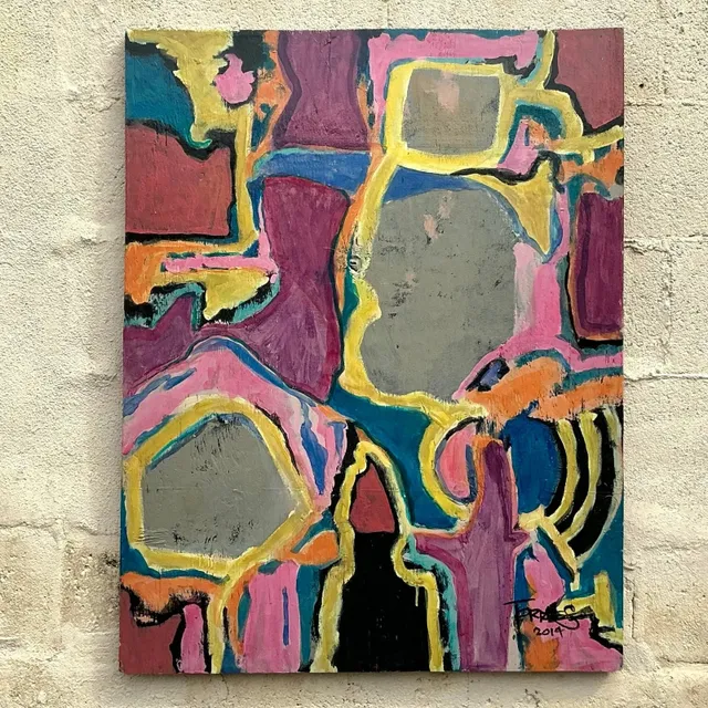 Vintage Boho Original Abstract Oil Painting on Board - Wood, 28W x 36H — additional photo 5