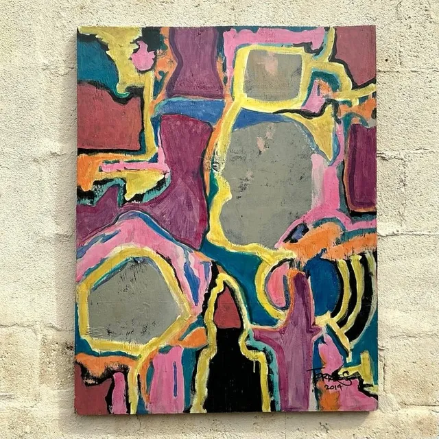Vintage Boho Original Abstract Oil Painting on Board - Wood, 28W x 36H — additional photo 2