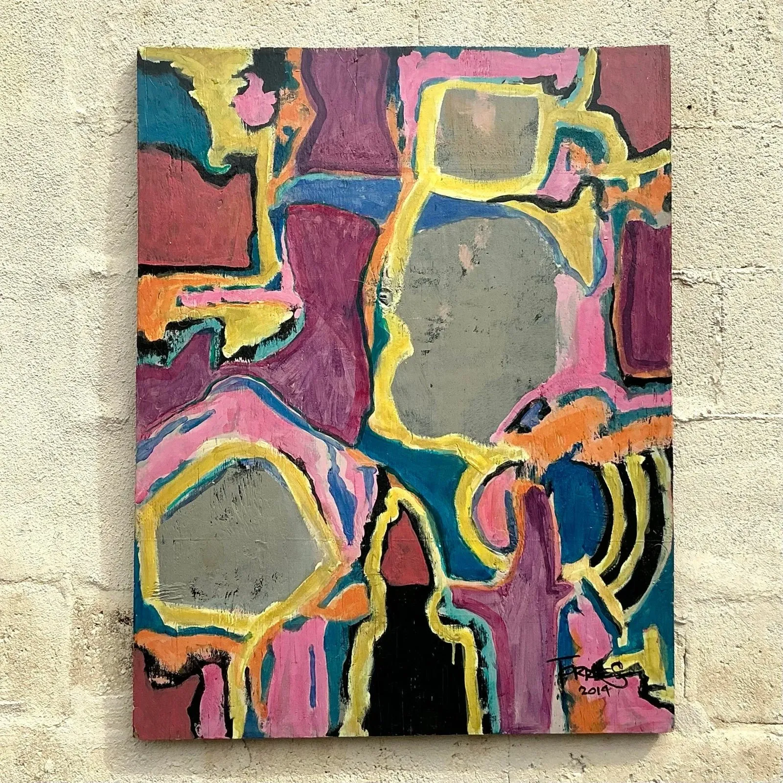 Vintage Boho Original Abstract Oil Painting on Board - Wood, 28W x 36H — additional photo 8