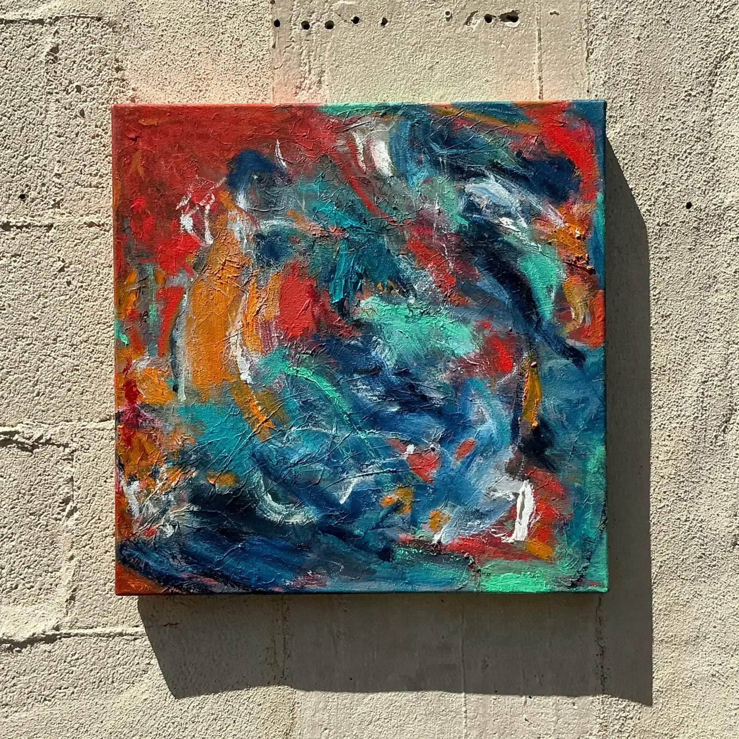 Vintage Boho Original Abstract Oil Painting on Canvas - Canvas, 18W x 18H — additional photo 1