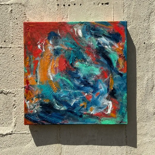 Vintage Boho Original Abstract Oil Painting on Canvas - Canvas, 18W x 18H — additional photo 1