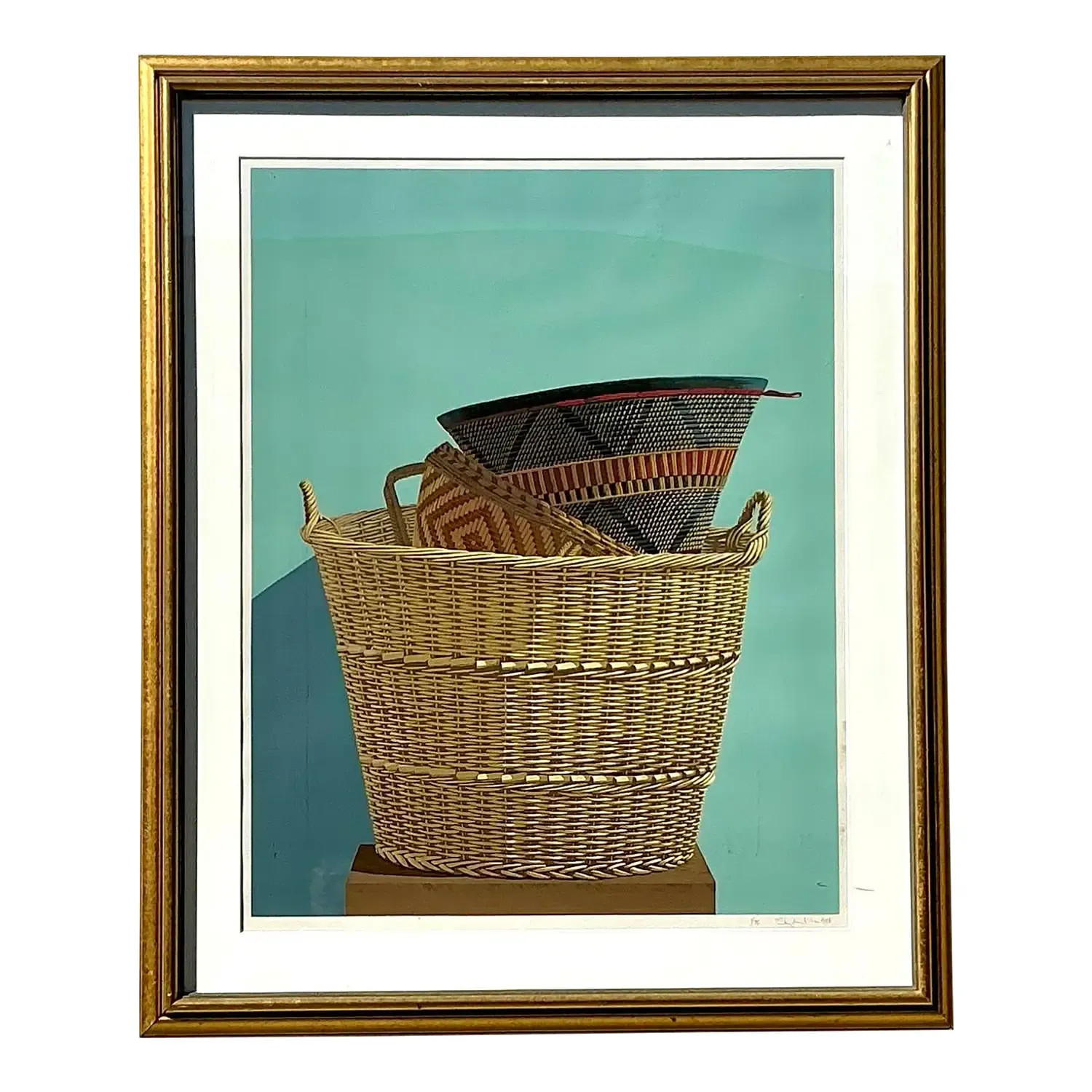 Vintage Boho Original Basket Serigraph on Paper — additional photo 1