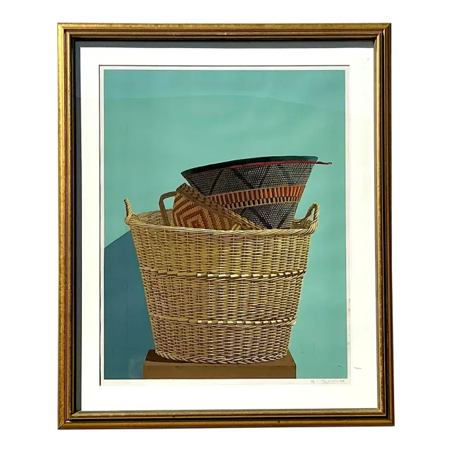 Vintage Boho Original Basket Serigraph on Paper — additional photo 1