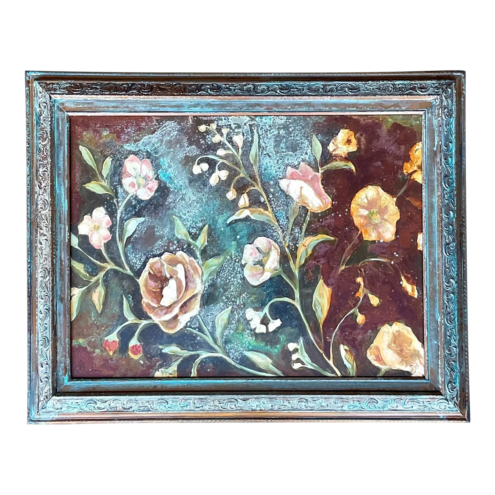 Vintage Boho Original Floral Oil Painting on Board — additional photo 1