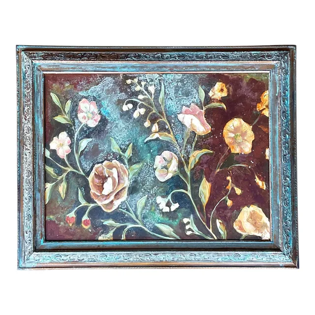 Vintage Boho Original Floral Oil Painting on Board — additional photo 1