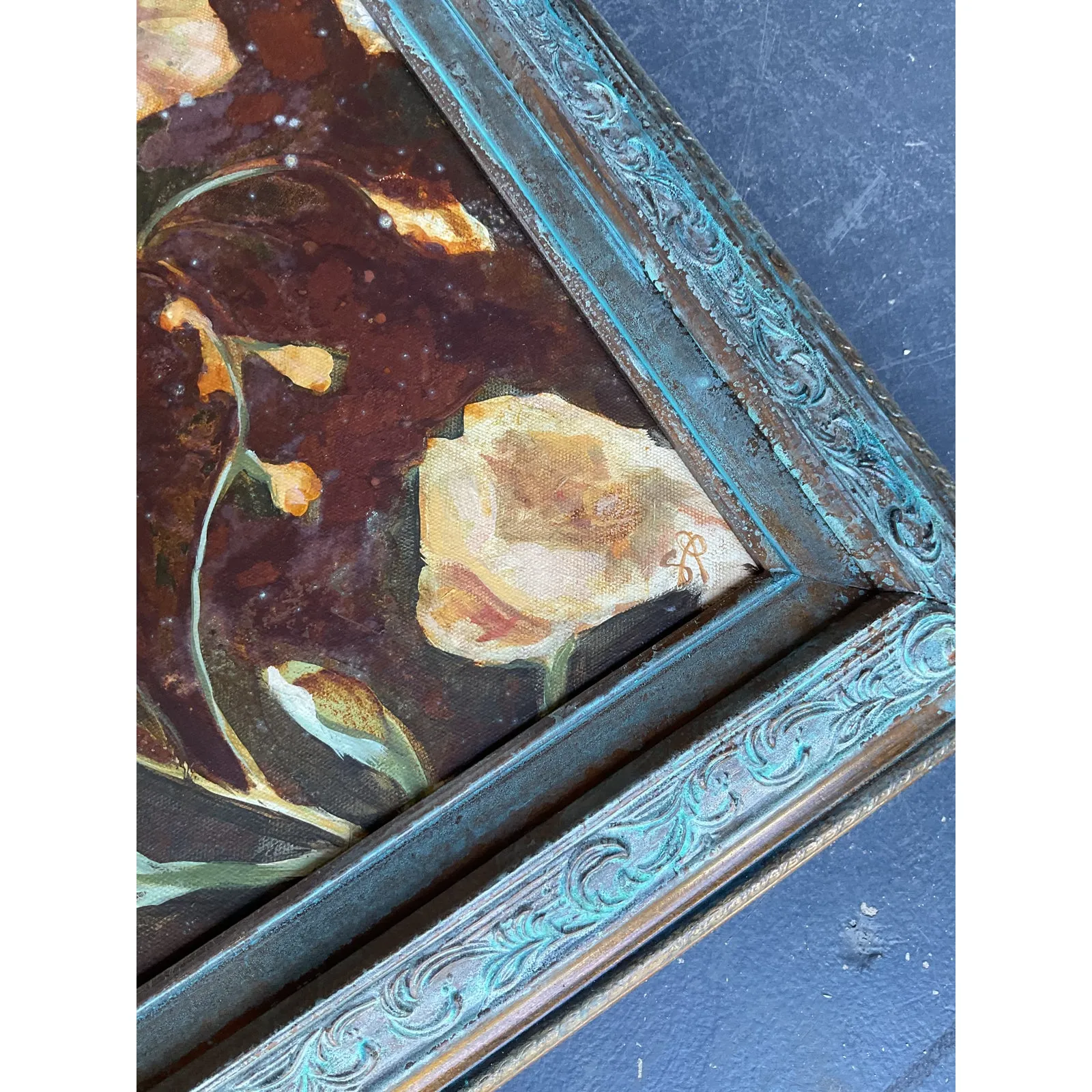 Vintage Boho Original Floral Oil Painting on Board — additional photo 3