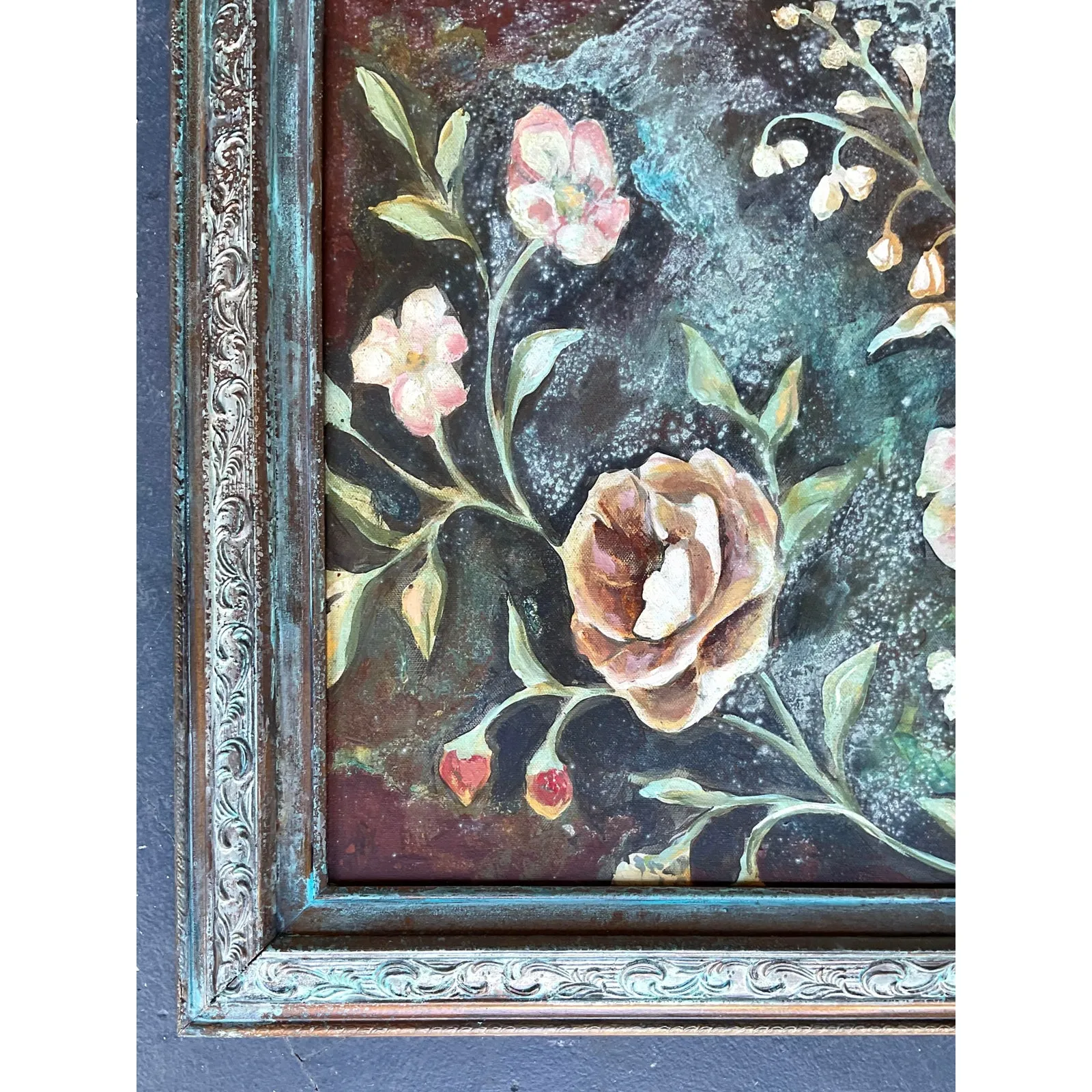Vintage Boho Original Floral Oil Painting on Board — additional photo 4