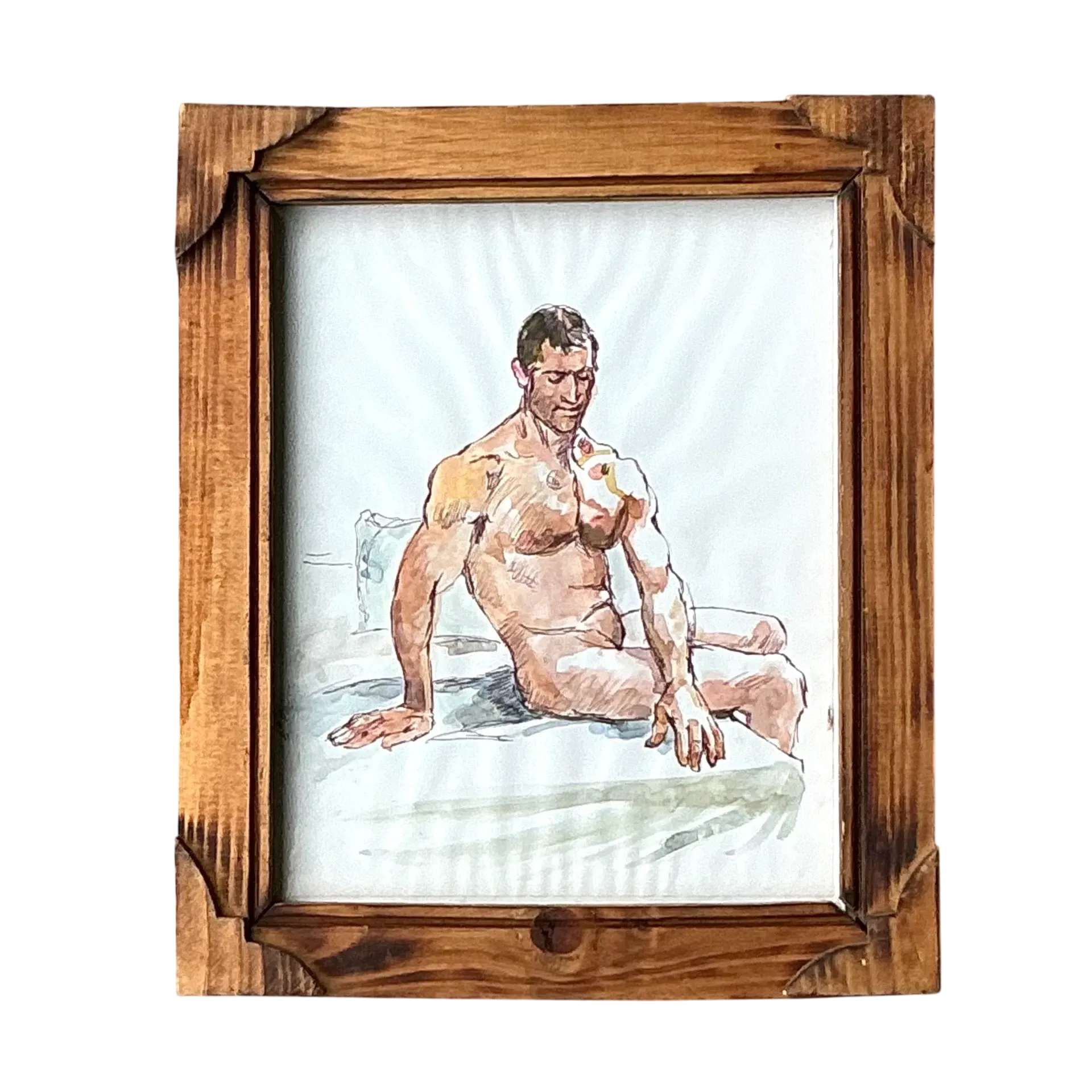Vintage Boho Original Nude Sketch of Man - Wood, 10W x 12H
