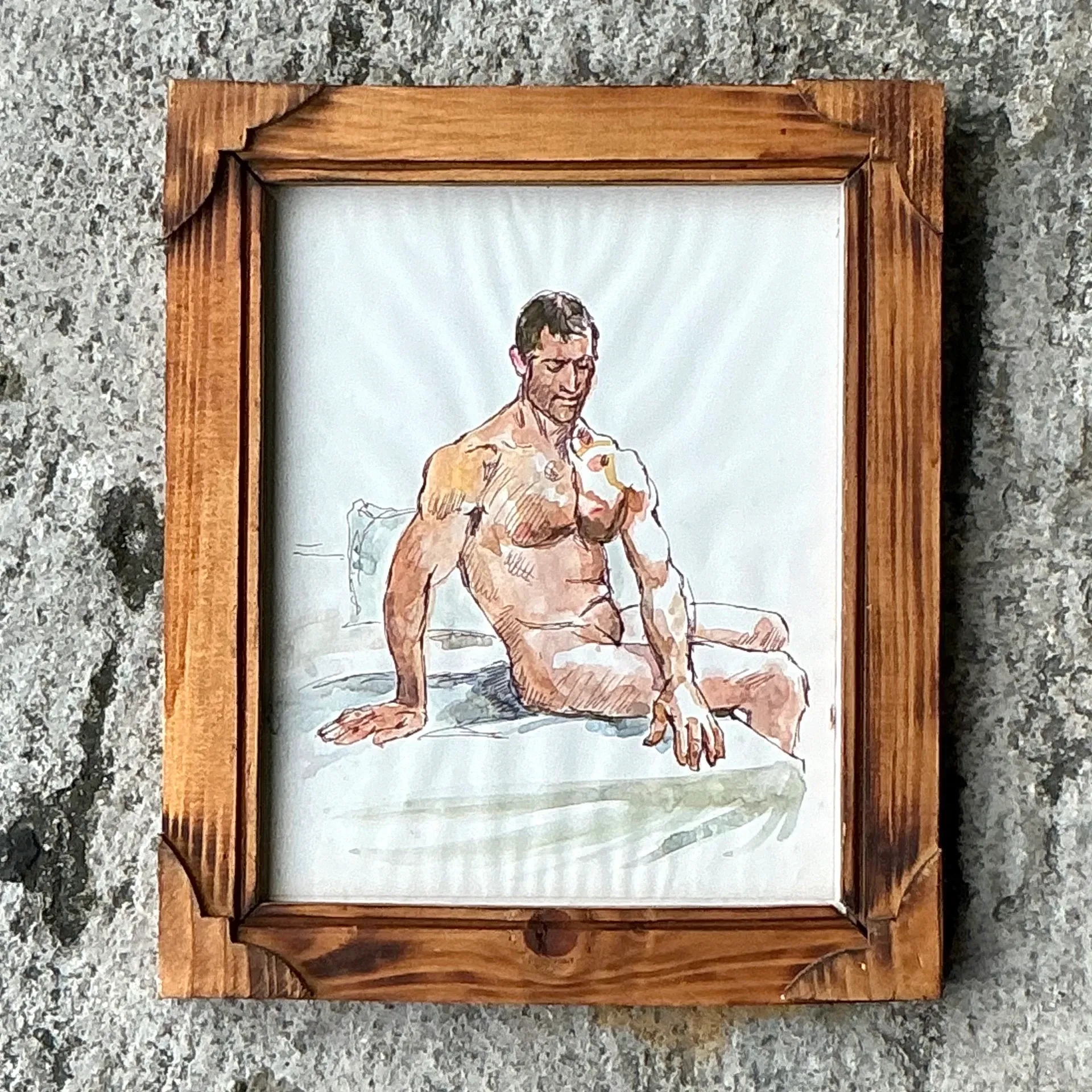 Vintage Boho Original Nude Sketch of Man - Wood, 10W x 12H — additional photo 1