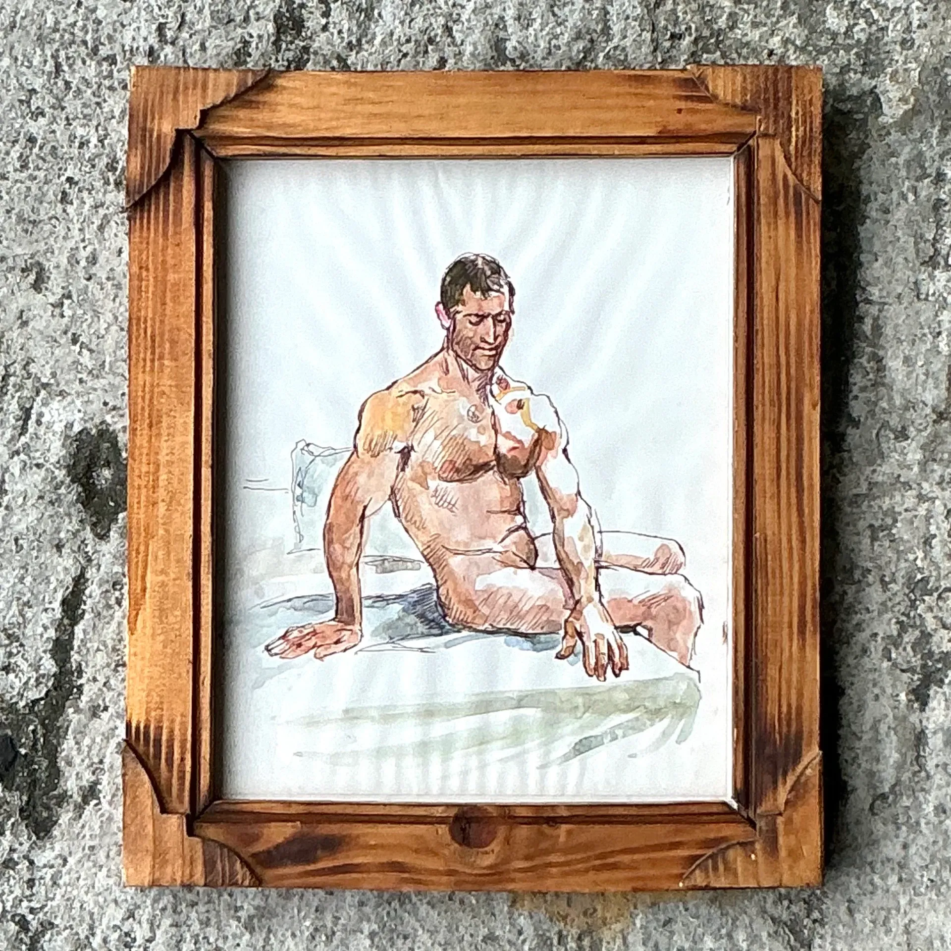 Vintage Boho Original Nude Sketch of Man - Wood, 10W x 12H — additional photo 2
