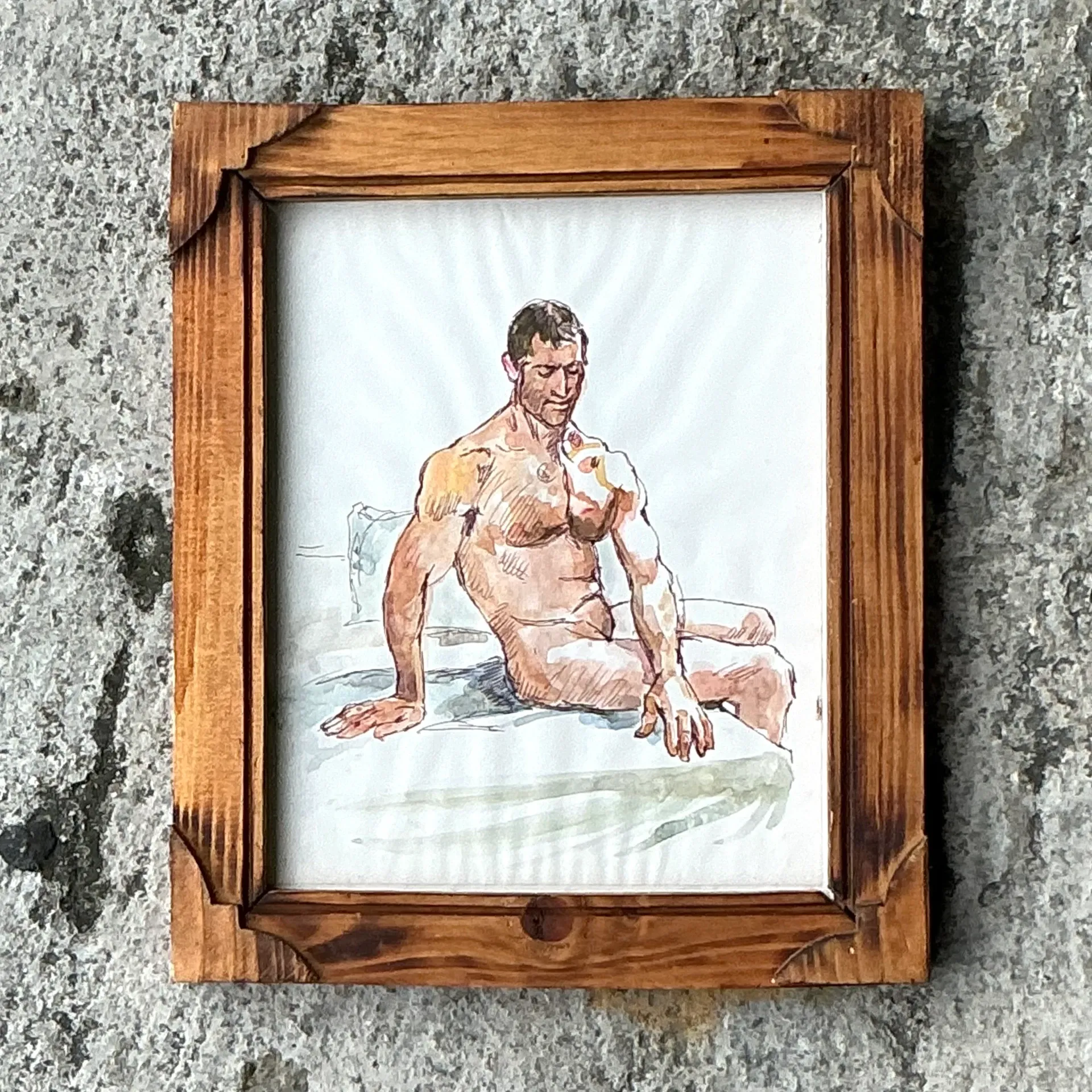 Vintage Boho Original Nude Sketch of Man - Wood, 10W x 12H — additional photo 3
