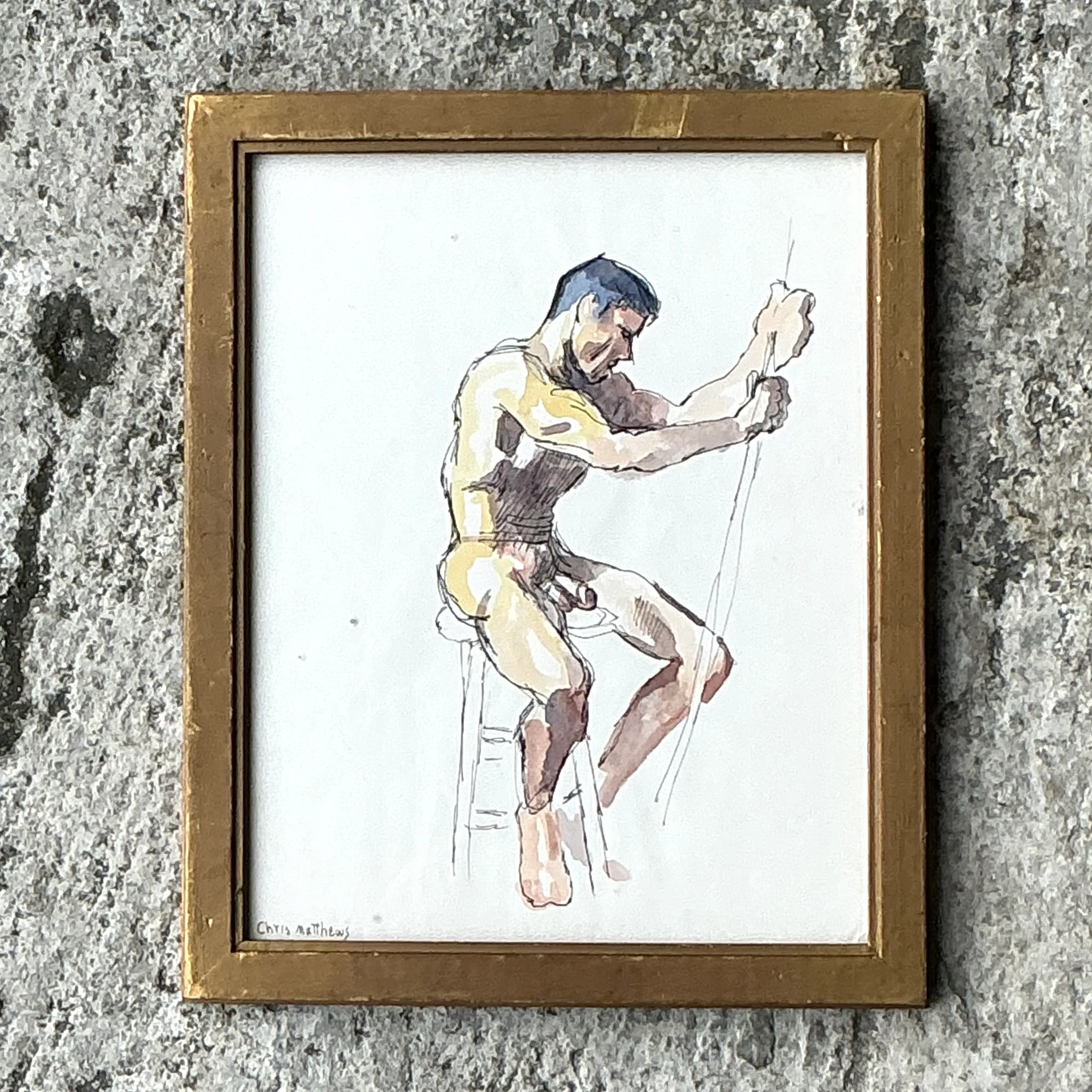 Vintage Boho Original Nude Sketch of Man - Wood, 10W x 12H — additional photo 6