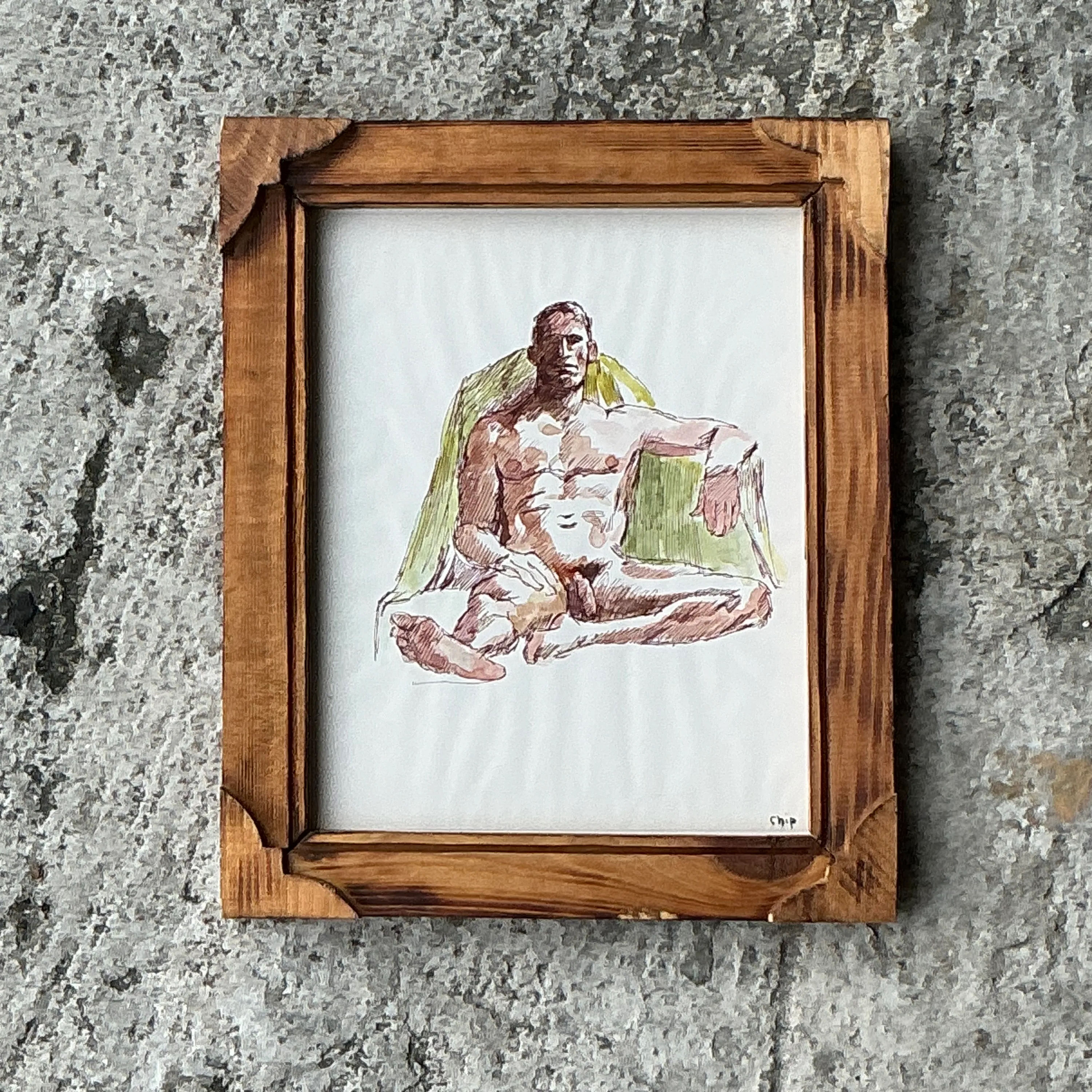 Vintage Boho Original Nude Sketch of Man - Paper, 10W x 12H — additional photo 2