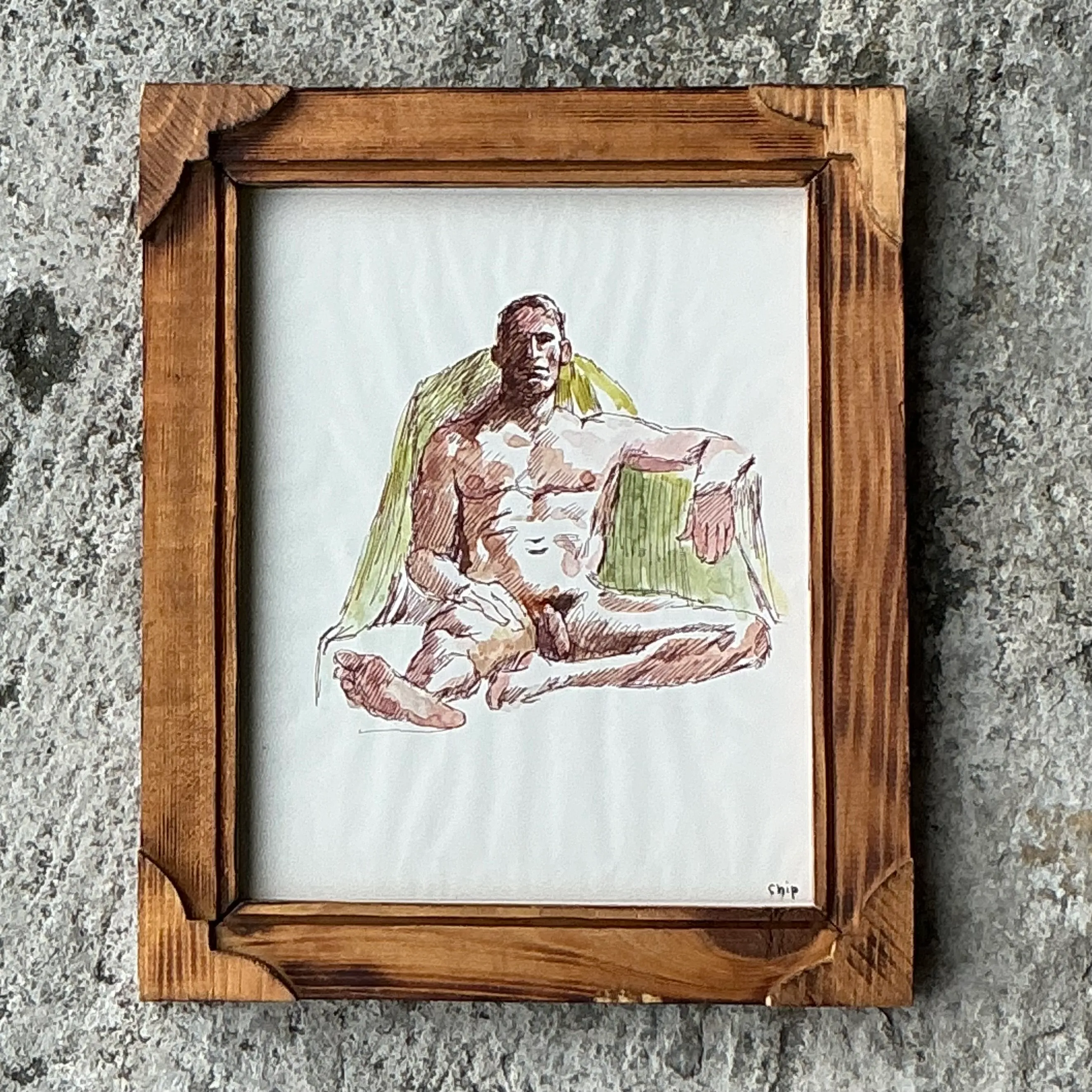Vintage Boho Original Nude Sketch of Man - Paper, 10W x 12H — additional photo 3