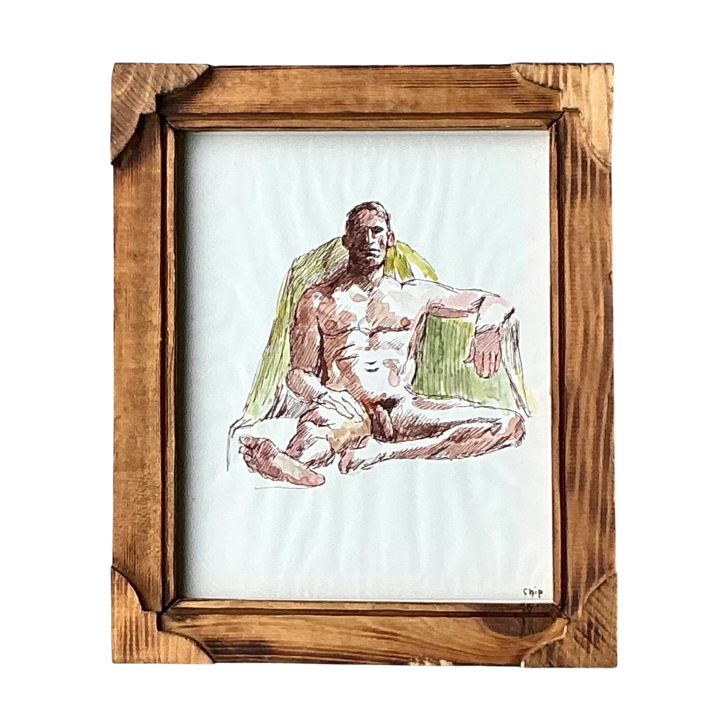 Vintage Boho Original Nude Sketch of Man - Paper, 10W x 12H — additional photo 4