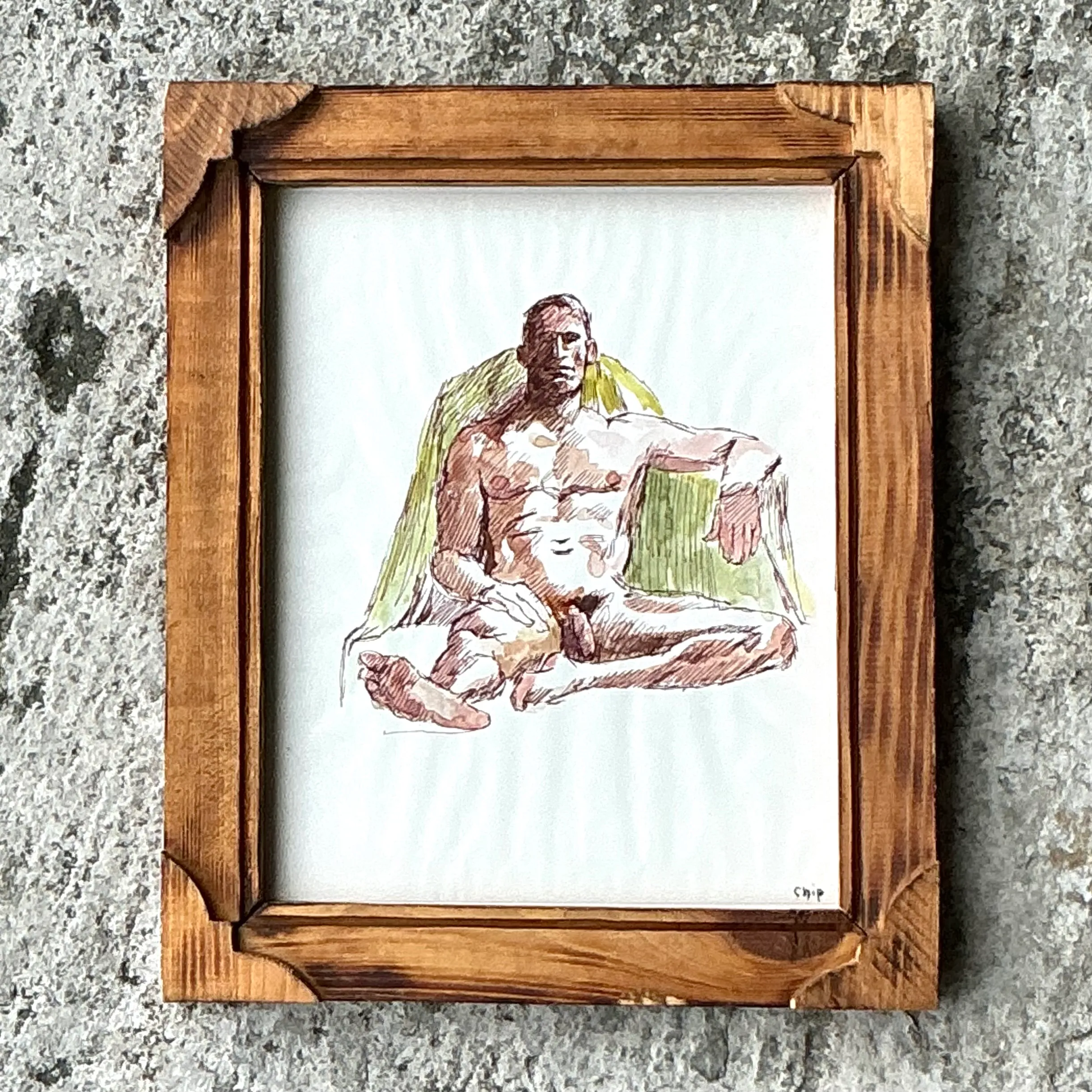Vintage Boho Original Nude Sketch of Man - Paper, 10W x 12H — additional photo 5