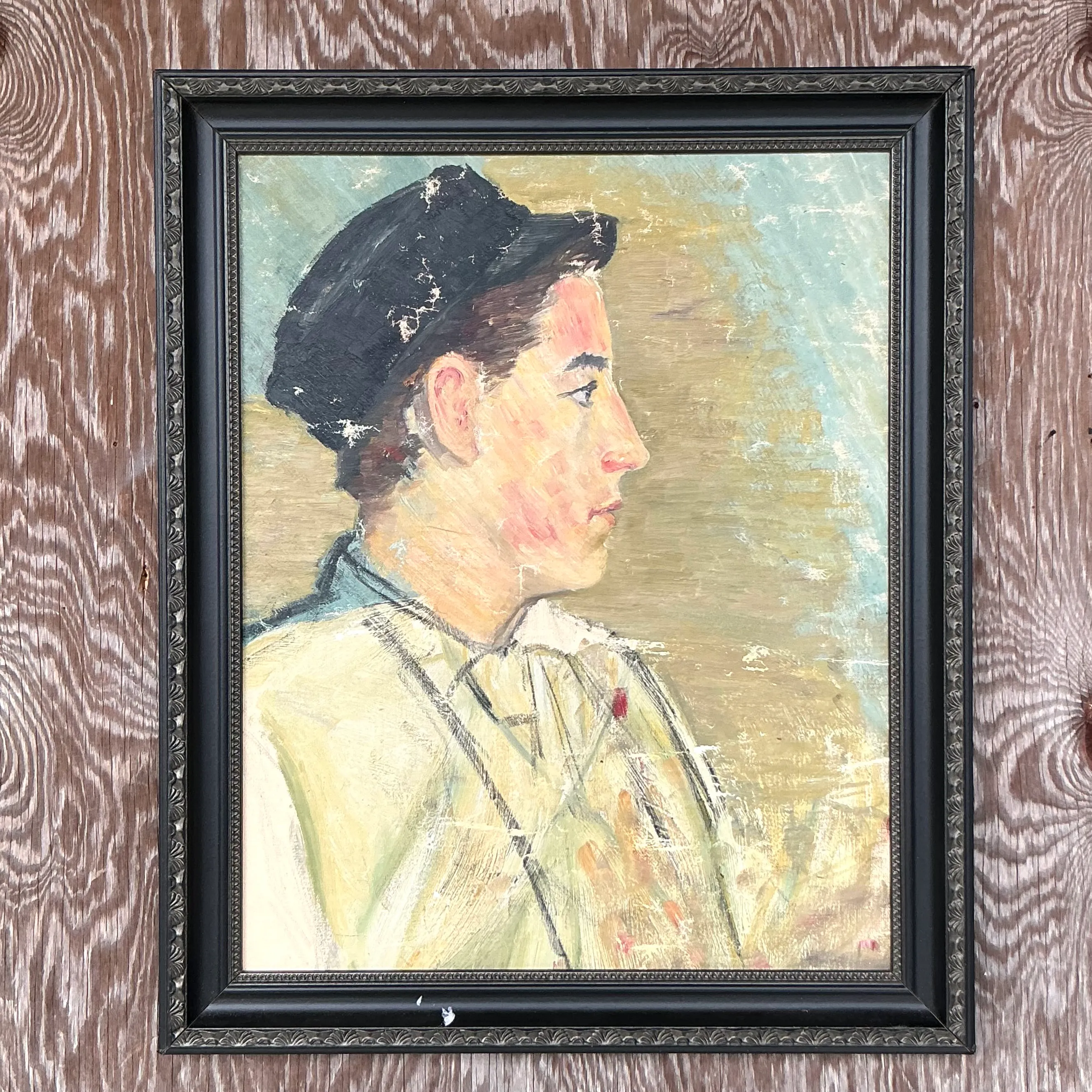 Vintage Boho Original Oil Portrait of Man - Wood, 19.5W x 23.5H — additional photo 1
