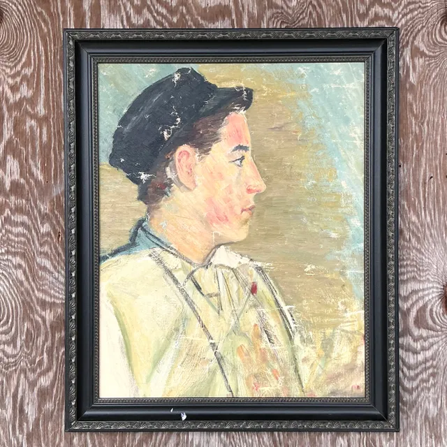 Vintage Boho Original Oil Portrait of Man - Wood, 19.5W x 23.5H — additional photo 1