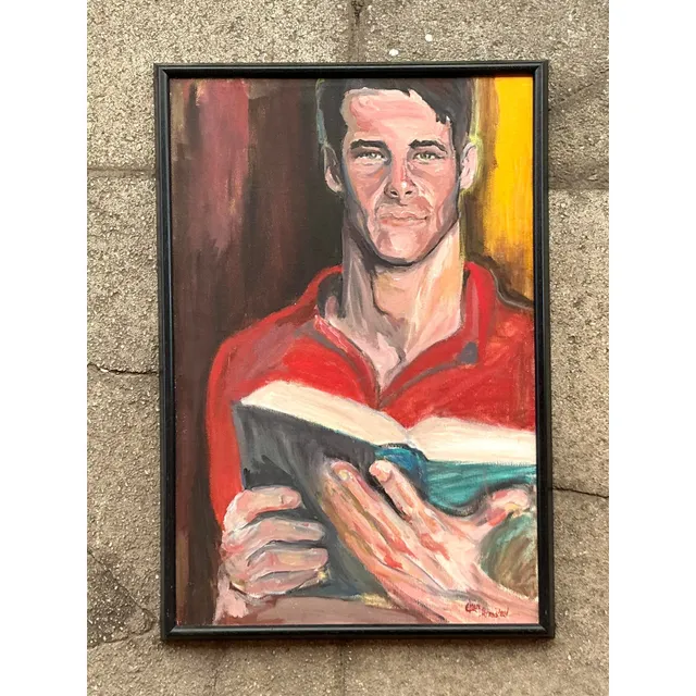 Vintage Boho Original Oil Portrait of Man - Oil Paint, 17W x 35H — additional photo 2
