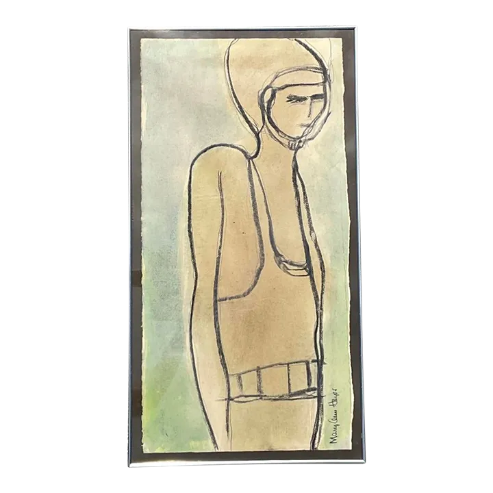 Vintage Boho Original Pastel and Watercolor Figurative Drawing on Paper