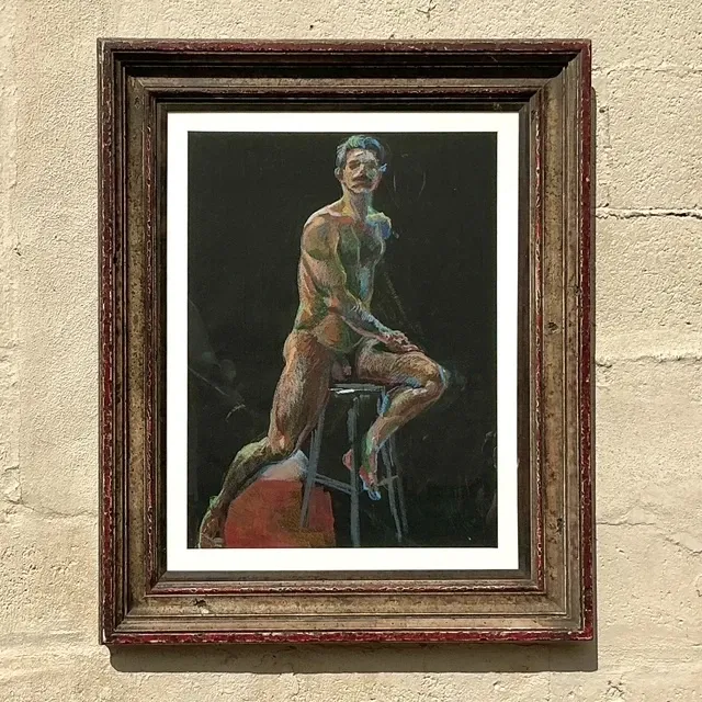 Vintage Boho Original Pastel Crayon Nude Portrait Of Man — additional photo 1