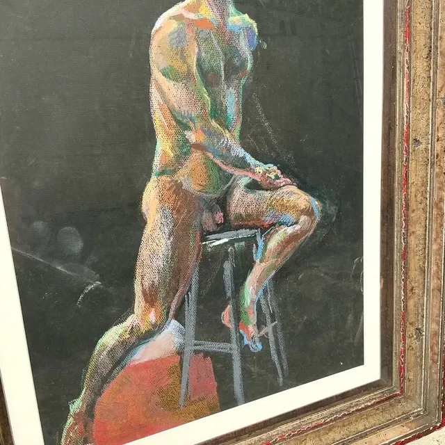 Vintage Boho Original Pastel Crayon Nude Portrait Of Man — additional photo 3