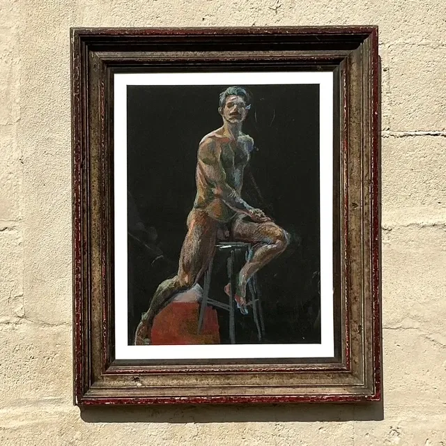 Vintage Boho Original Pastel Crayon Nude Portrait Of Man — additional photo 6