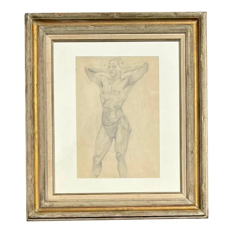 Vintage Boho Original Pencil Drawing of Male Figure — additional photo 1
