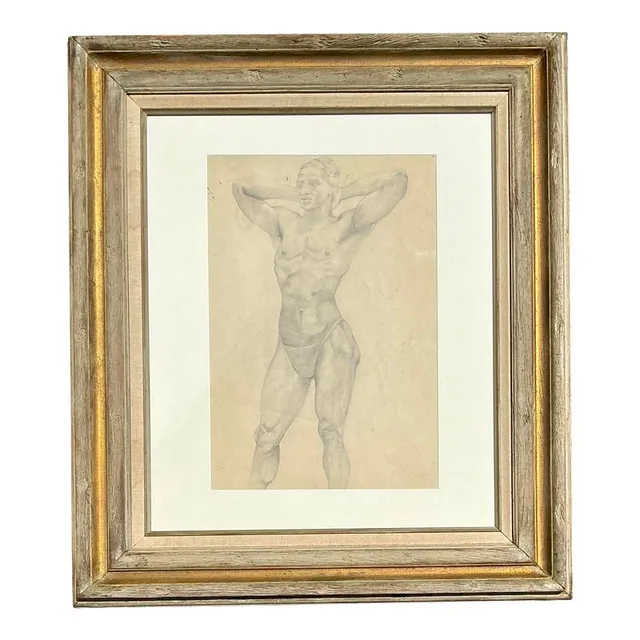 Vintage Boho Original Pencil Drawing of Male Figure — additional photo 1