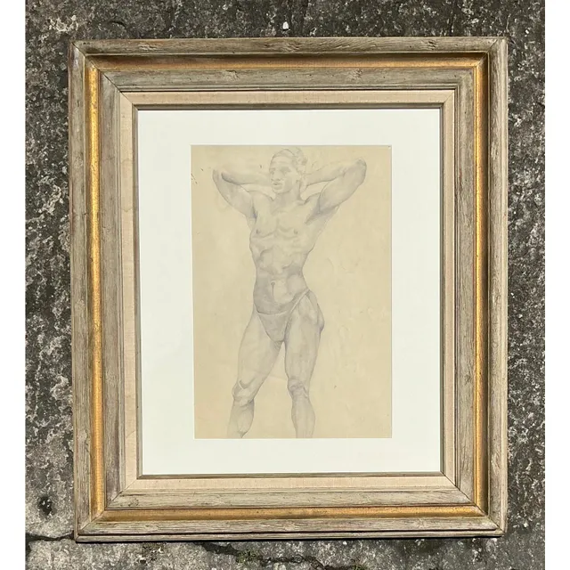 Vintage Boho Original Pencil Drawing of Male Figure — additional photo 2