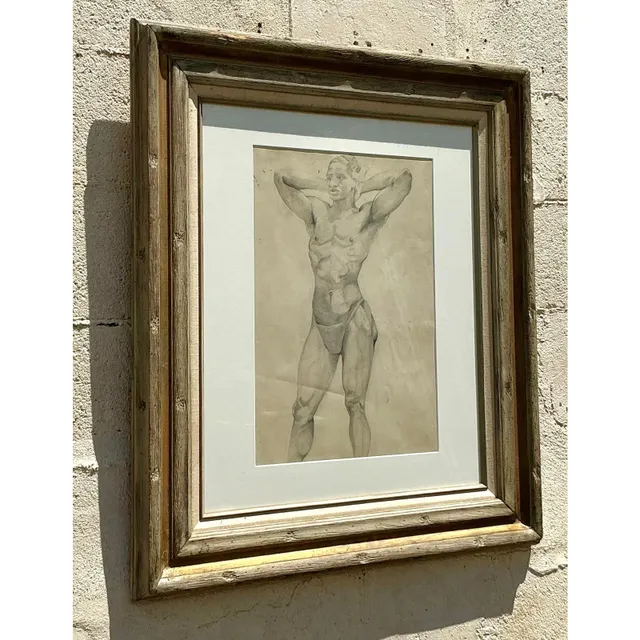Vintage Boho Original Pencil Drawing of Male Figure — additional photo 3